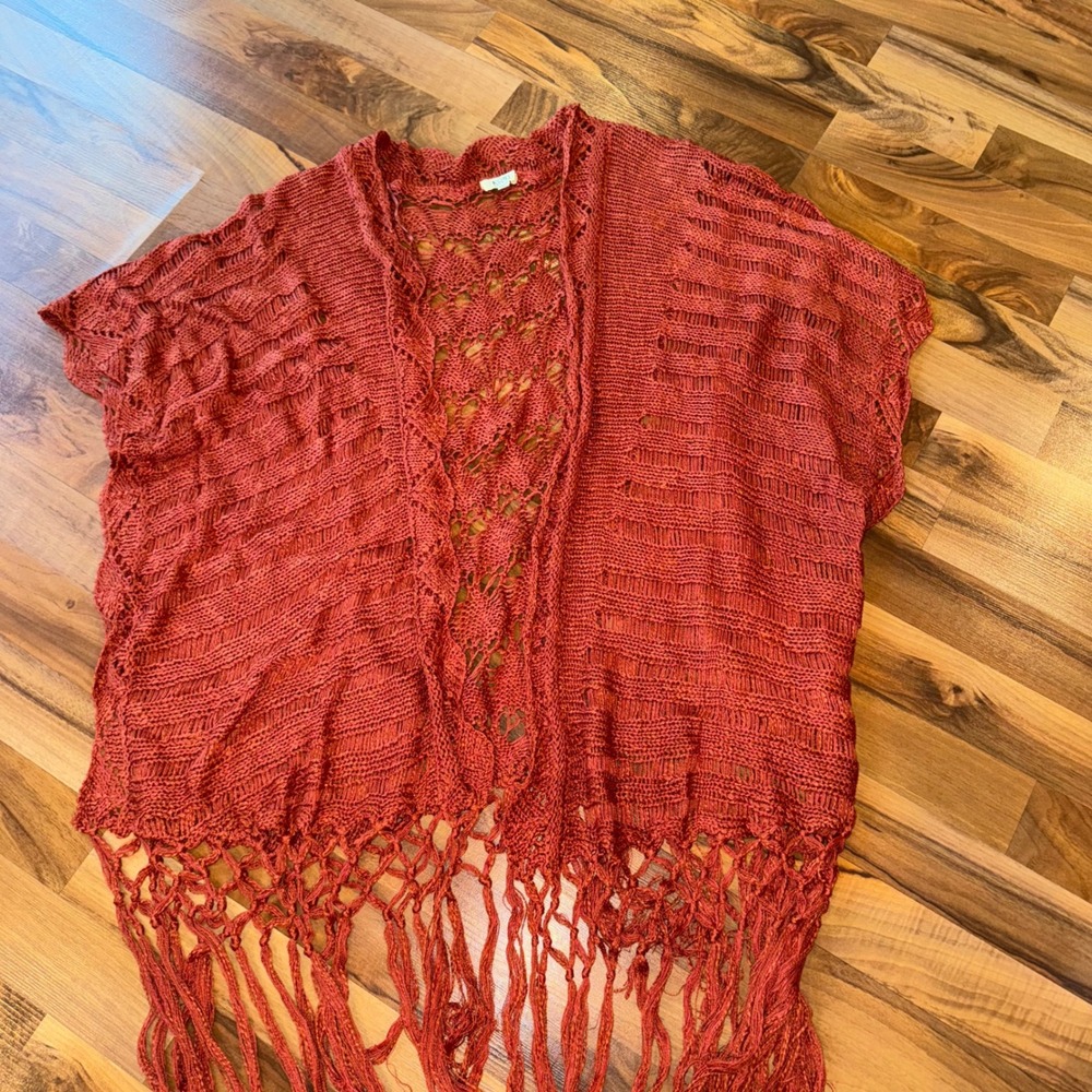 Kori America Open Knit Fringe Cardigan Shawl Cover Up Rust M L boho hippie light
